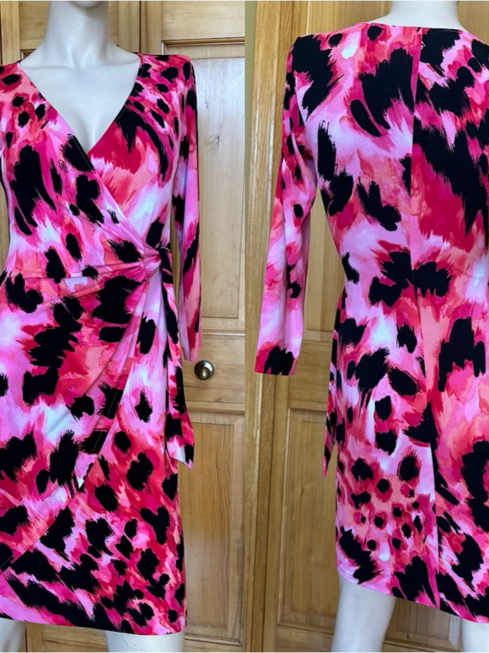 Cache Y2K Pink Black Wrap Dress Bodycon Long Sleeve Size S #161